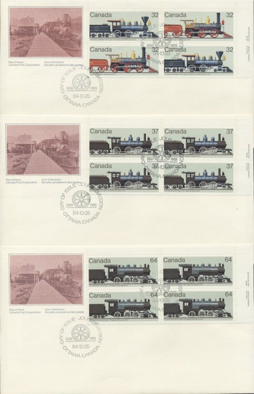 1984 #1036-1039 Set of 3 Locomotives FDCs, UR Plate Blocks, CPC Cachets