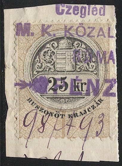 HUNGARY 1880 Barefoot 87, 25kr Used on piece VF, Coat of Arms