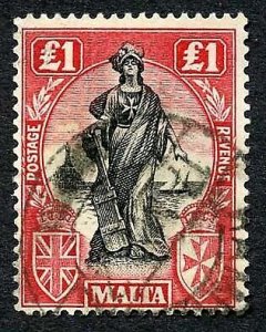 Malta SG140 One Pound Black and Bright Carmine Wmk UPRIGHT Cat 325 pounds