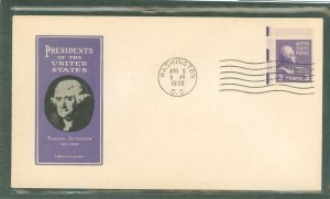 US 807EE 1939 Electric-Eye Experimental printing; 3c Thomas Jefferson (presidential/prexy series) single on an unaddressed first