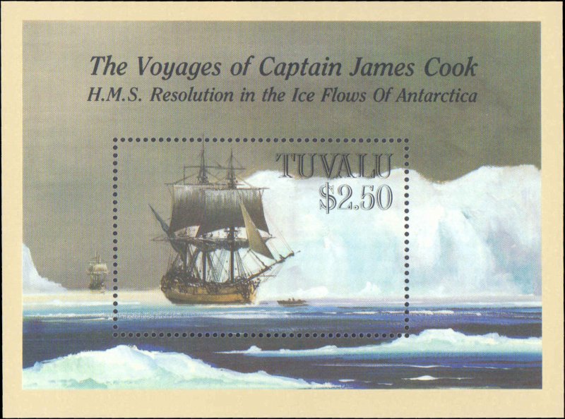 Tuvalu #496, Complete Set, Souvenir Sheet Only, 1988, Captain Cook, Ships, Ne...