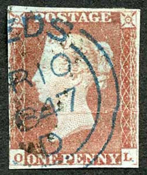 1841 Penny Red (OL) crease and just touched BLUE TOWN DATE STAMP Cat 2700 Pounds