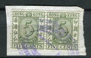 HONG KONG; 1920s early Stamp Duty 5c. green used Pair