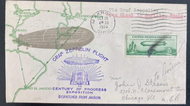 1933 Akron USA LZ 127 Graf Zeppelin cover To Century Of Progress Exhibition #C18