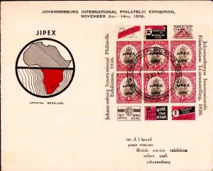 1936 Johannesburg South Africa First Day Cover FDC JIPEX Exhibition Block