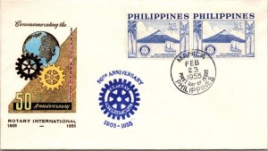 Philippines FDC 1955 - 50th Anniv Rotary Int'l - 2x5c Stamp - Pair - F43486