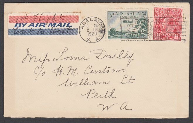 AUSTRALIA 1929 First flight cover Perth to Adelaide...................N662