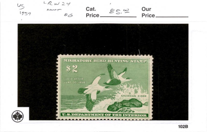 United States Postage Stamp, #RW24 Mint Hinged, 1957 Duck Hunting (AE)