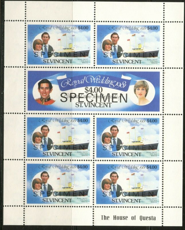 ST. VINCENT Sc#627//632 1981 Royal Wedding SPECIMEN Set of 3 Sheets MNH