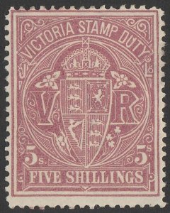 VICTORIA 1884 Arms Stamp Duty 5/- claret on yellow wmk V Crown sideways perf 12.