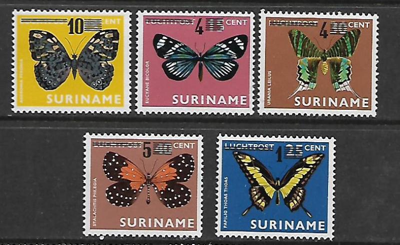 SURINAM  495-499 MNH BUTTERFLIES SURCHARGED SET 1977