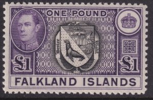 Falkland Island Sc# 96 KGVI 1938 - 1946 portrait £1 issue MLMH CV $75.00