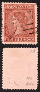 Victoria SG194 8d red-brown/pink wmk 10 Perf 12.5 Fine Used Cat 60 pounds