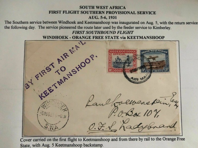 1931 Windhoek South West Africa First Flight Cover FFC To Orange Free State