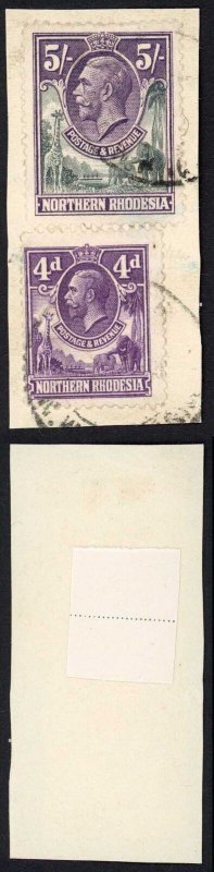 Northern Rhodesia SG14 5/- SG6 4d Perf 12.5 Wmk Mult Script CA Used on Piece