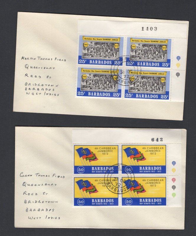 Barbados #372-76  (1972 Boy Scouts set) blocks on addressed non-cachet FDC