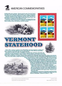 USPS Commemorative Panel 360 Vermont Statehood #2533 Block/4 Mint 1991 