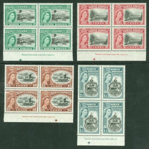 SG 387-390 North Borneo 1956. 10c-$1 set in marginal blocks of 4. Fine unmount..