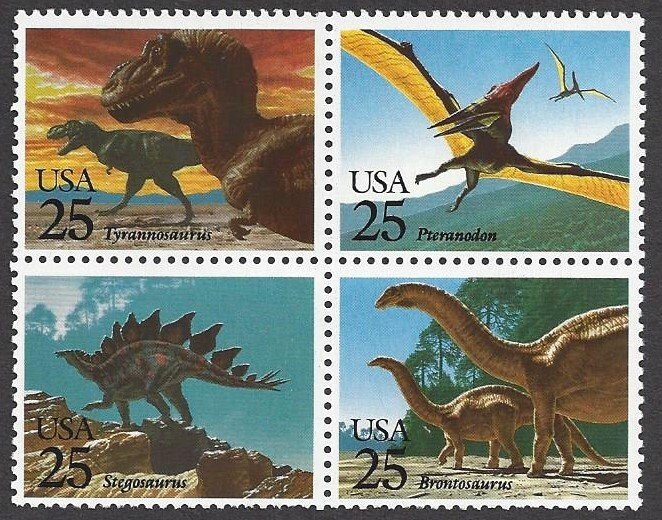 USA #2425b MNH block of 4, prehistoric animals, issued 1989