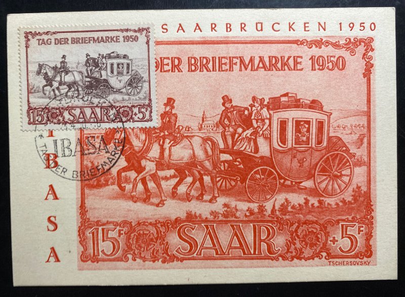 1950 Saarbrucken First day Postcard Cover Philatelic Exhibition Sc#B75 Cv$110