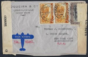 BELGIUM CONGO 1942 WAR TIME CLIPPER AIR MAIL DOUBLE CENSOR LABELS IN LEOPOLDVILL