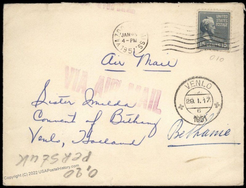 USA 1951 Yazoo City MS 15c Prexie Transatlantic Airmail Cover 83742