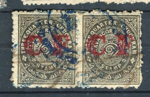 INDIA; TRAVANCORE early 1900s local ' CF ' Optd Revenue fine used 3/4ch. PAIR