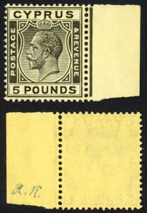 Cyprus SG117a 1924-28 5 Pound black on yellow paper Superb Mounted Mint RARE