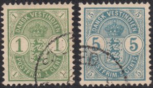 Danish West Indies 1900 used Sc #21-#22 1c and 5c Coat of Arms