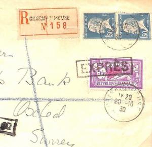 FRANCE GB EXPRESS Cover *5fr Merson* HIGH VALUE Registered 1930 Charny MS2943*