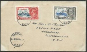 BARBADOS 1935 Jubilee 1d & 1½d on cover to USA, first day cancel...........53069 