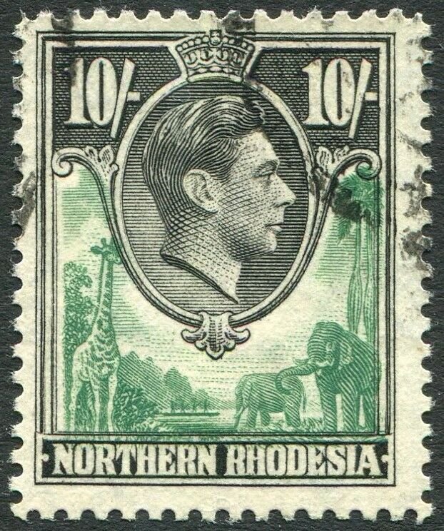 NORTHERN RHODESIA-1938-52 10/- Green & Black Sg 44 FINE USED V35939