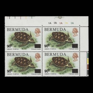 Bermuda 1986 (Variety) 90c/$3 Green Turtle plate block with surcharge double ...
