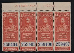 Canada VD #FEG6 (1930) $3 King George V Electricity Revenue Plate Block VFNH 