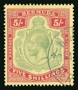 Bermuda 1920 KGV 5s green & carmine-red/pale yellow VFU. SG 53d. Sc 52.