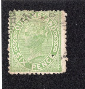 Queensland 1876-78 6p yellow green, Scott 48 used, value = $9.50