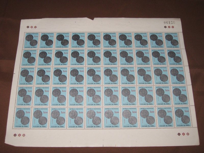 Portuguese India 1959 $1.50 Ancient Coins 1v Full Sheet of 50 Stamps MNH # 58