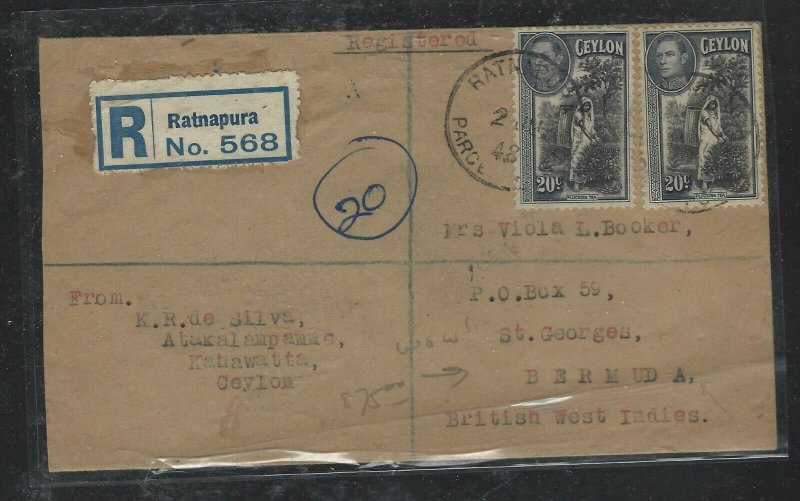 CEYLON COVER   (PP1108BB) 1948   KGVI   2CX2 REG COVER TO BERMUDA, NO BKSTP