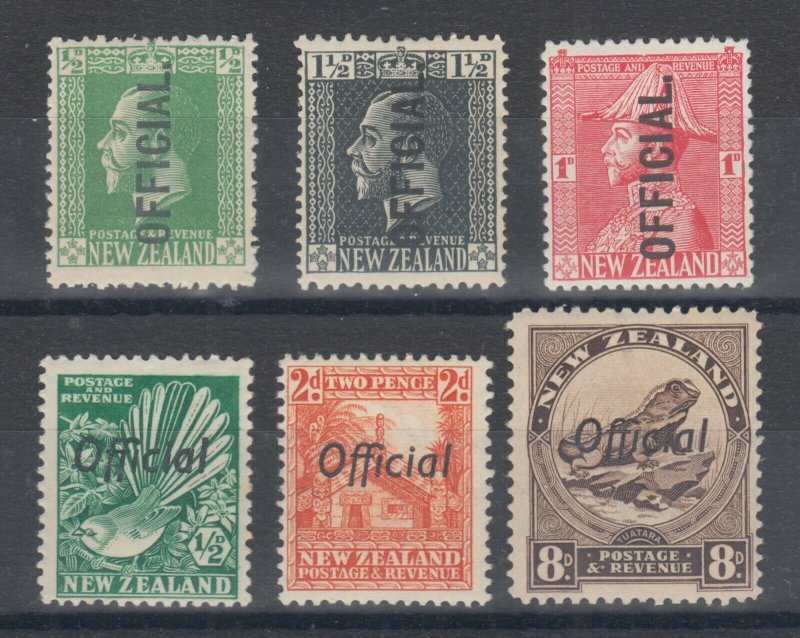 New Zealand Sc O41/O68B MLH. 1910-42 Officials, 6 different better singles, F-VF