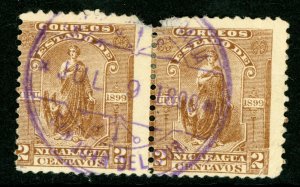 Nicaragua 1899 Seebeck 2¢ Justice Pair Postally Used Bluefields  B714 ⭐⭐⭐⭐⭐⭐