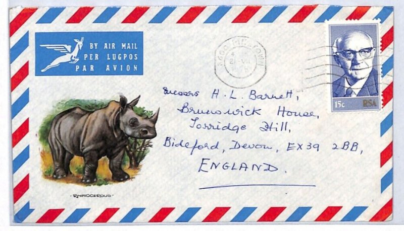 SOUTH AFRICA Air Mail 1975 Cover ILLUSTRATED *RHINO* Commercial Bideford YR98