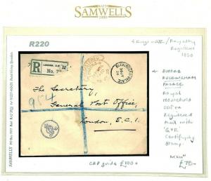 GB ROYALTY Buckingham Palace Registered Mail GvR Cypher 1920 R220