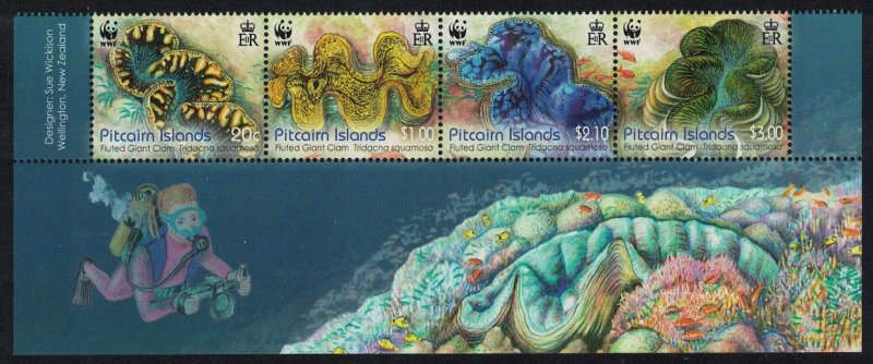 Pitcairn WWF Fluted Giant Clam Bottom strip of 4v Diving SG#865-868