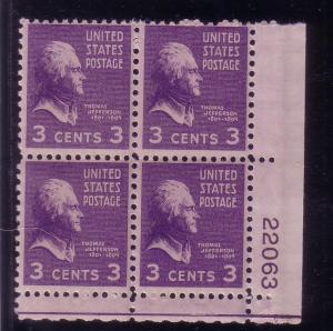 Plt Blk Sc# 807 Thomas Jefferson MNH #22063 LR
