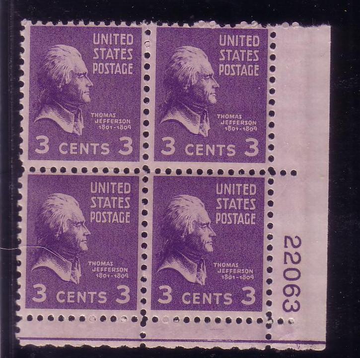 Plt Blk Sc# 807 Thomas Jefferson MNH #22063 LR