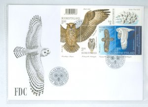 Finland 1078 1998 owls, souv. sheet of 5 stamps on cacheted, unaddressed cover, birds