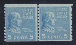 US 845 MNH OG 1939 5¢ Monroe Joint Line Pair JLP Perf 10 Vert Scv $27.50