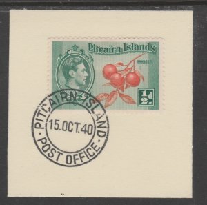 PITCAIRN ISLANDS 1940 KG6 PICTORIAL 1/2d on piece with MADAME JOSEPH  POSTMARK