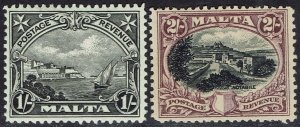 MALTA 1930 PICTORIAL 1/- AND 2/- INSCRIBED POSTAGE AND REVENUE