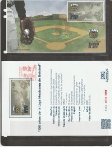 MEXICO NEW ISSUE MEXICAN BASEBALL LEAGUE, 100th ANNIV. FDC+TECH. BROCHURE. VF.